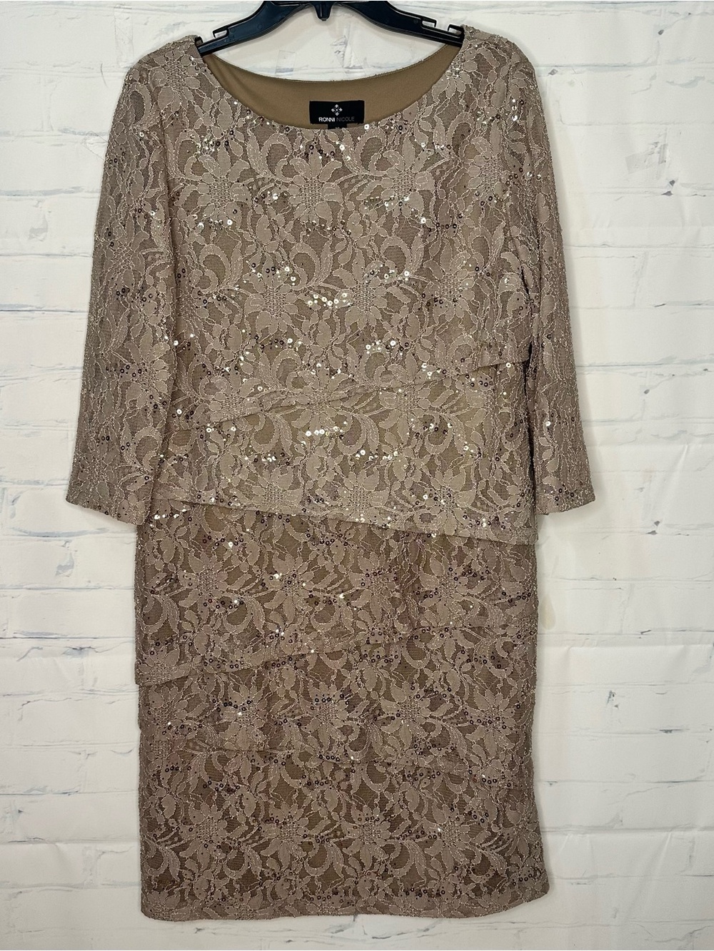 Ronni Nicole Taupe Lace Sequin Sheath Dress